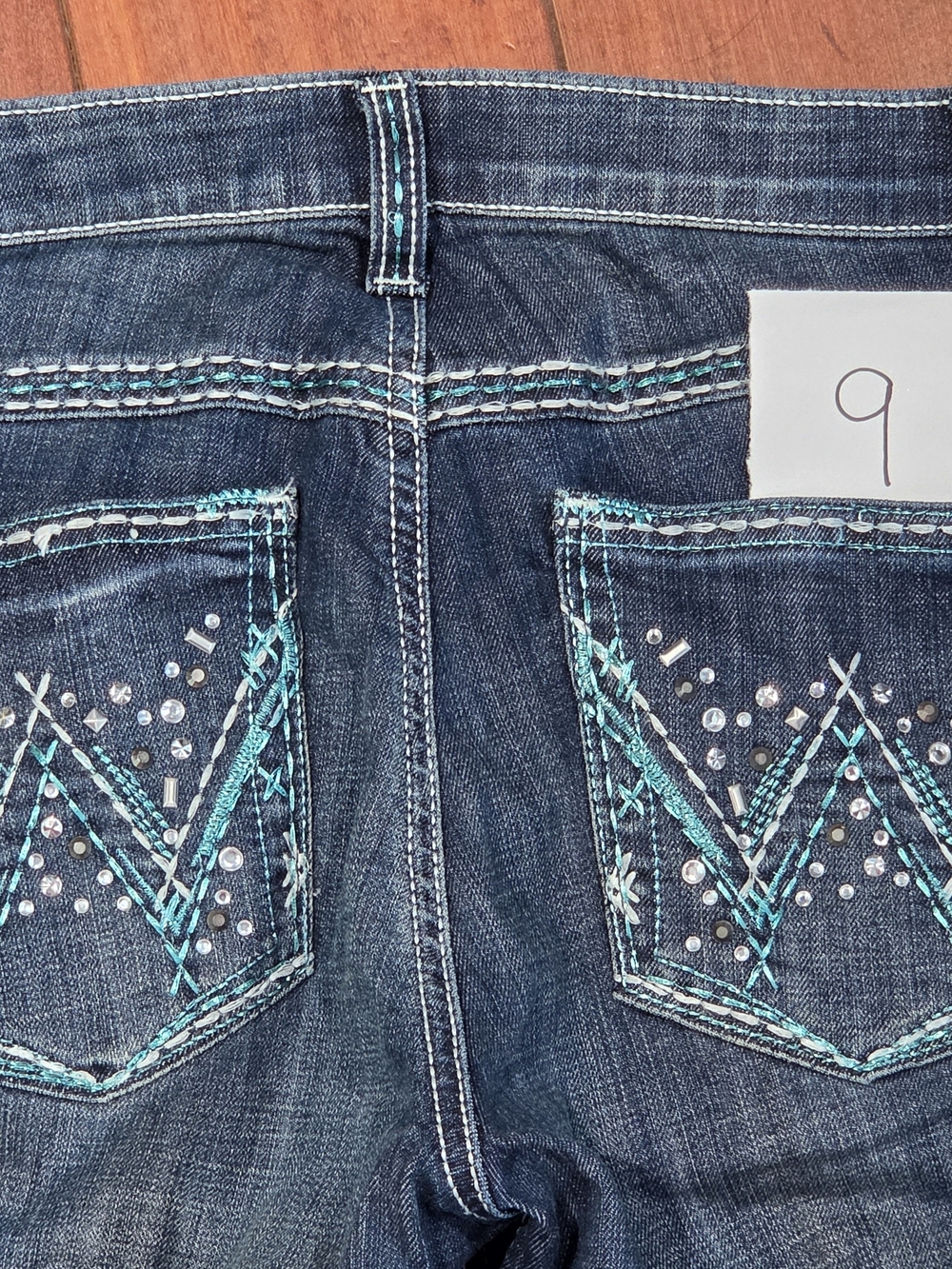 Wrangler Women’s Dark Blue Straight Leg Jeans with Turquoise Embroidery